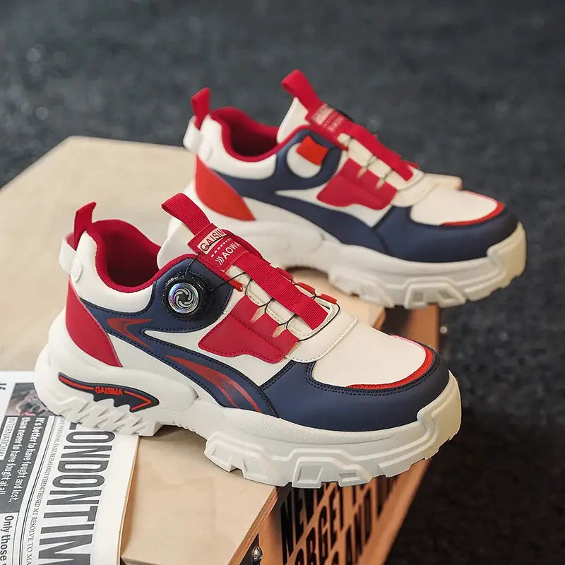 GAISMA men's chunky high-top sneakers pair in red, white and navy with a thick sole and dial lacing system