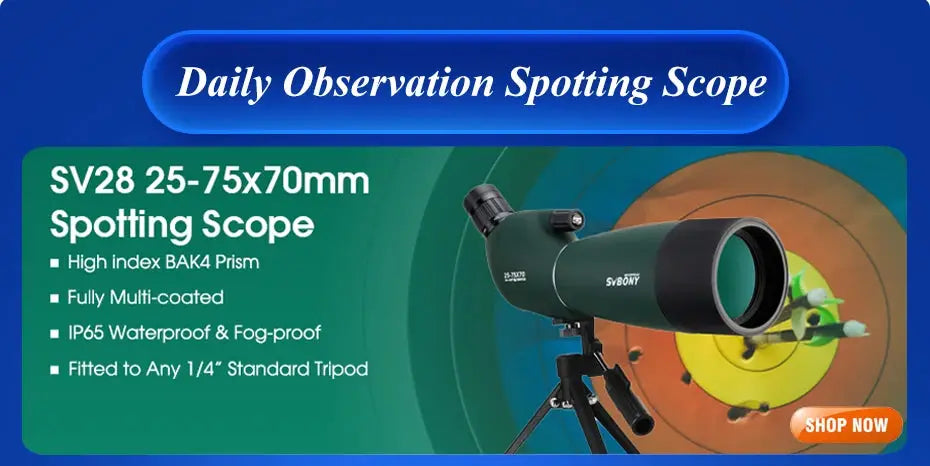 SVBONY SV28 spotting scope on tripod with green body, 25-75x70mm zoom, waterproof