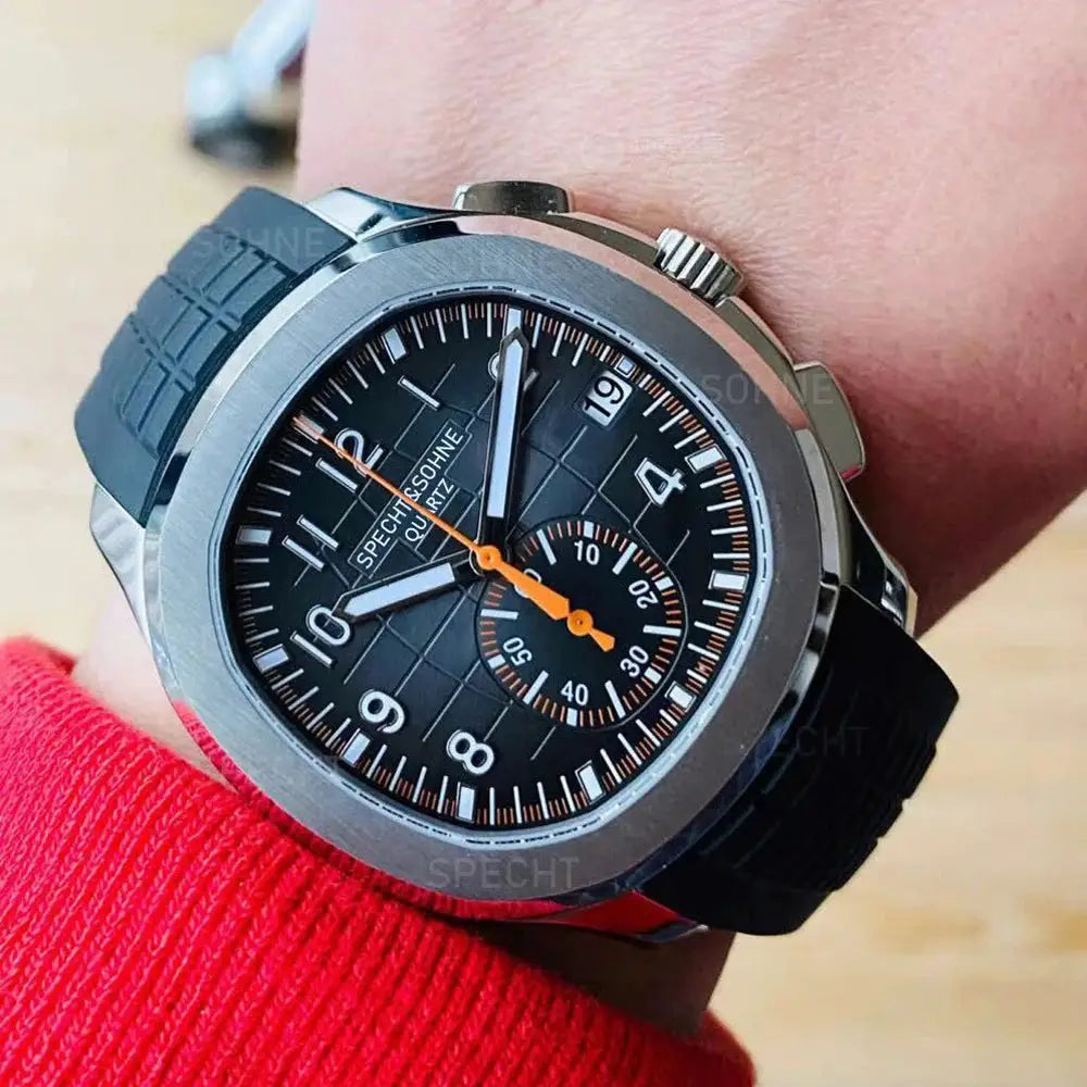 Specht & Söhne New Classic men's watch with black dial, orange hands, rubber strap