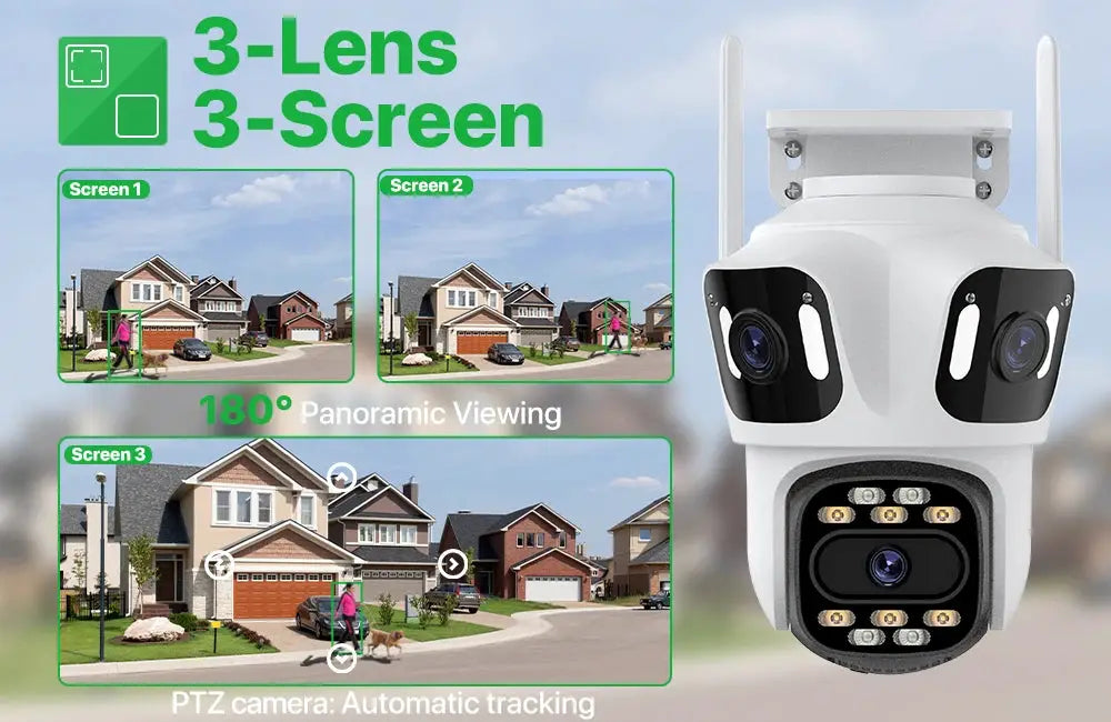 Simples Market WONSDAR white 3-Lens IP Camera with WiFi, 3-Screen panoramic viewing and auto-tracking PTZ