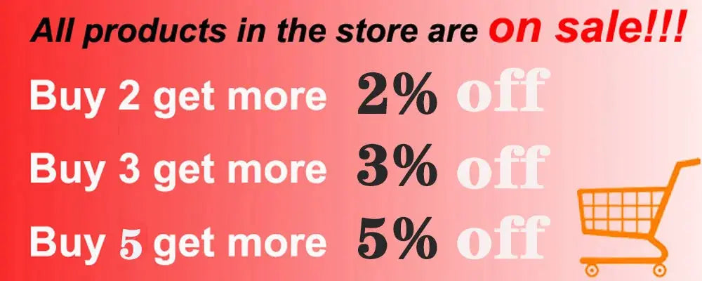 Store sale banner with red-to-pink gradient, discount tiers and a shopping cart icon.