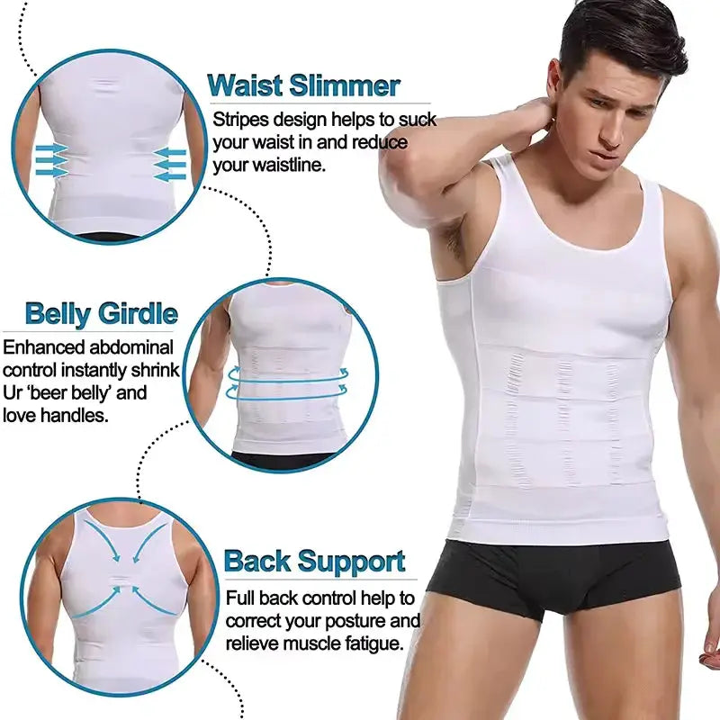 Men's white compression vest by Simples Market; sleeveless shapewear with waist, belly and back support.
