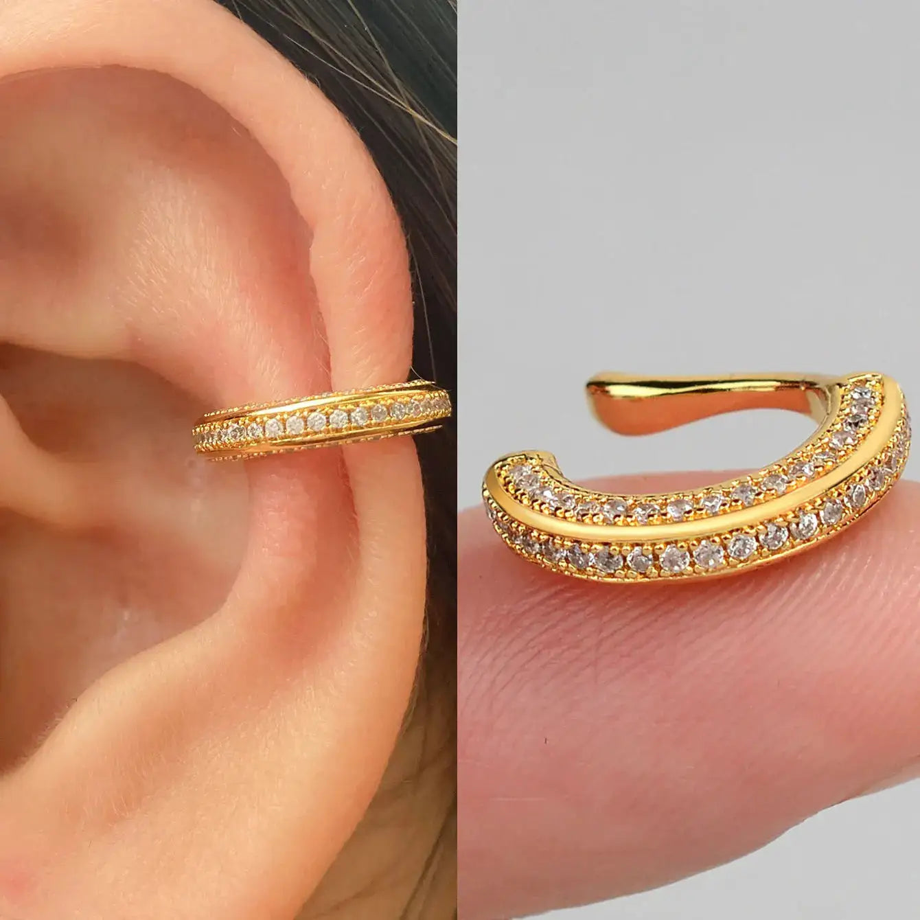Clip-on heart-shaped gold ear cuff with clear zircon crystals