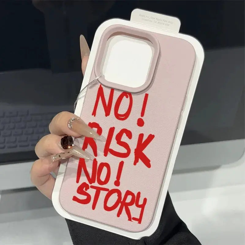 Phone case by Simples Market, pink shockproof bumper for iPhone with NO! RISK NO! STORY text