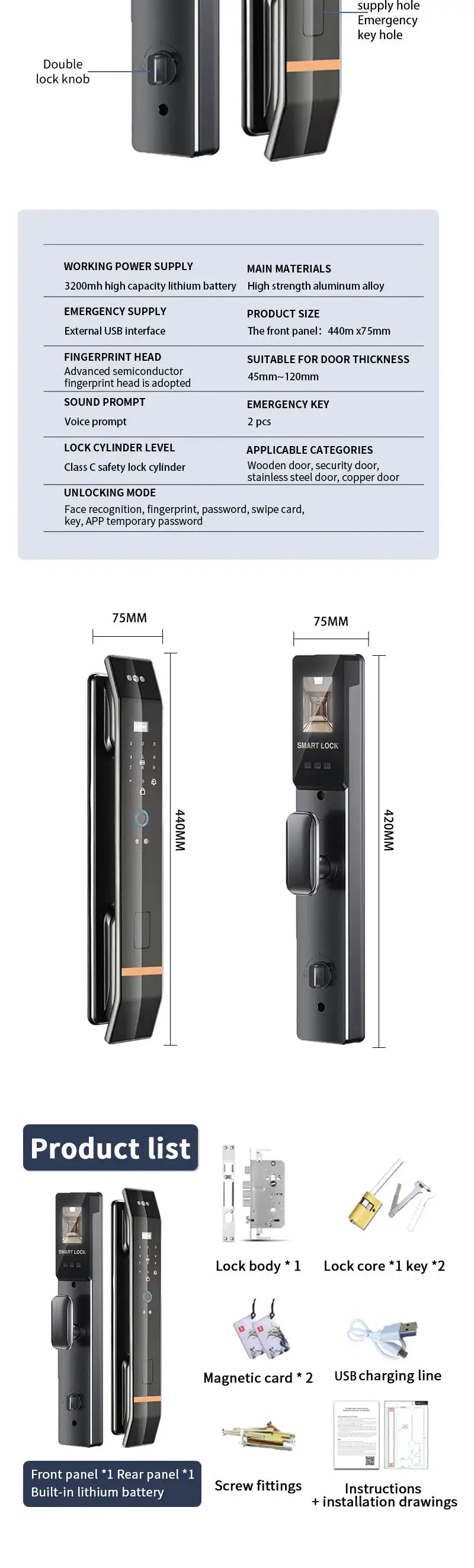 Simples Market 3D Face Smart Door Lock with biometric fingerprint recognition, black finish, 2 units shown