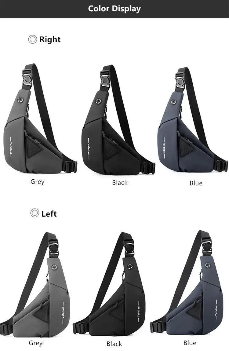 Six sling chest bag variants by Simples Market; compact crossbody travel bag for men in grey, black, blue