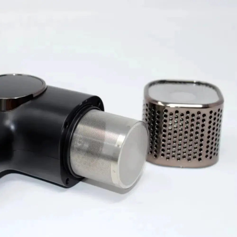 Hair dryer by Simples Market 110000 RPM high-speed brushless motor with black body, silver nozzle, bronze filter cap