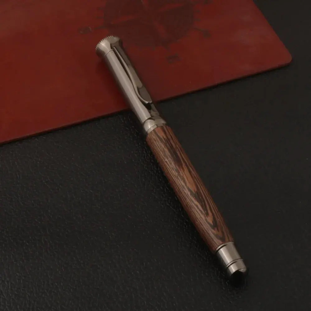 Wood fountain pen with tiger-skin pattern and gun-grey metal accents, by Simples Market