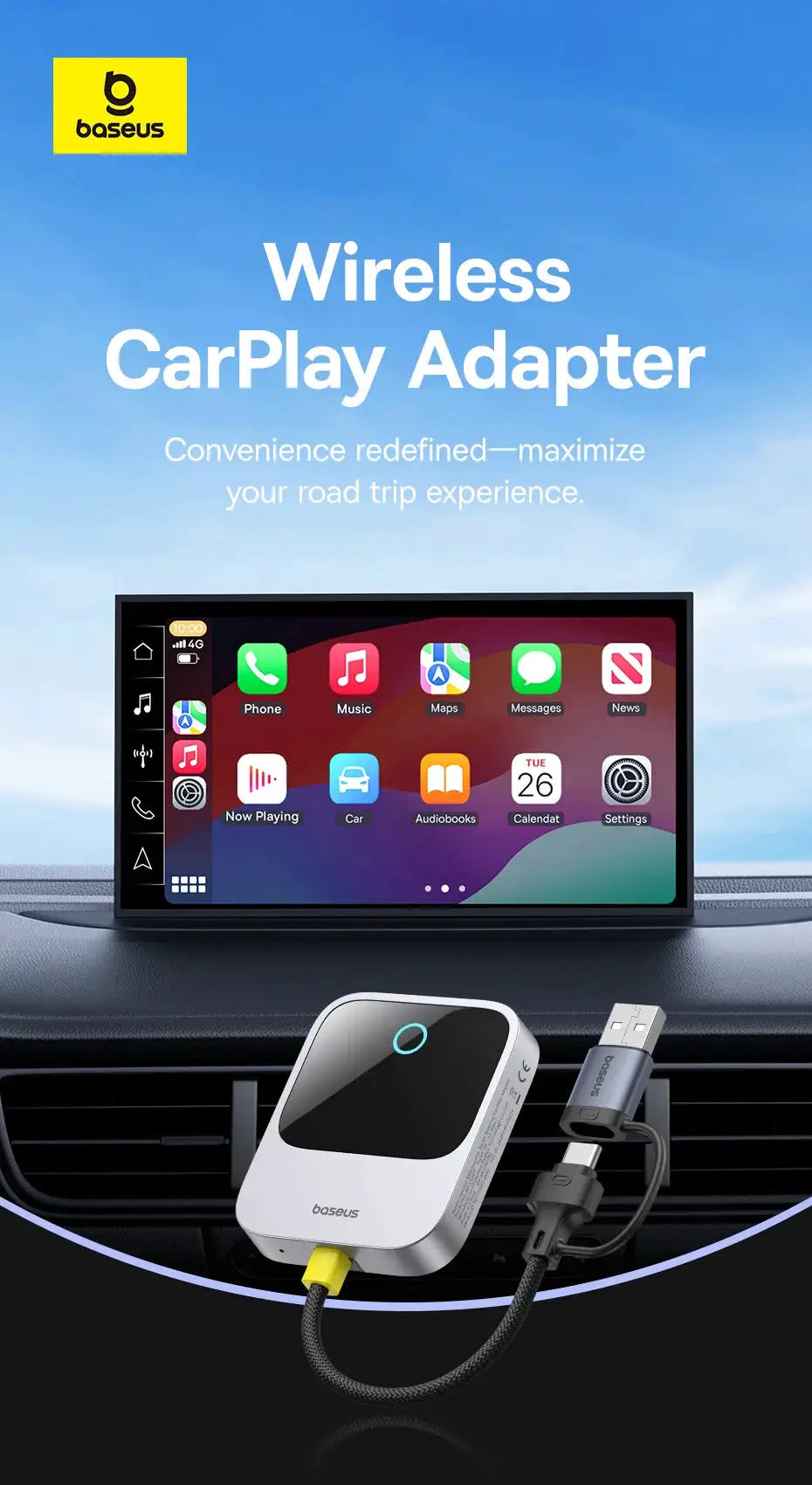 Baseus Wireless CarPlay Adapter in white with black top and blue indicator, includes USB-C cable.