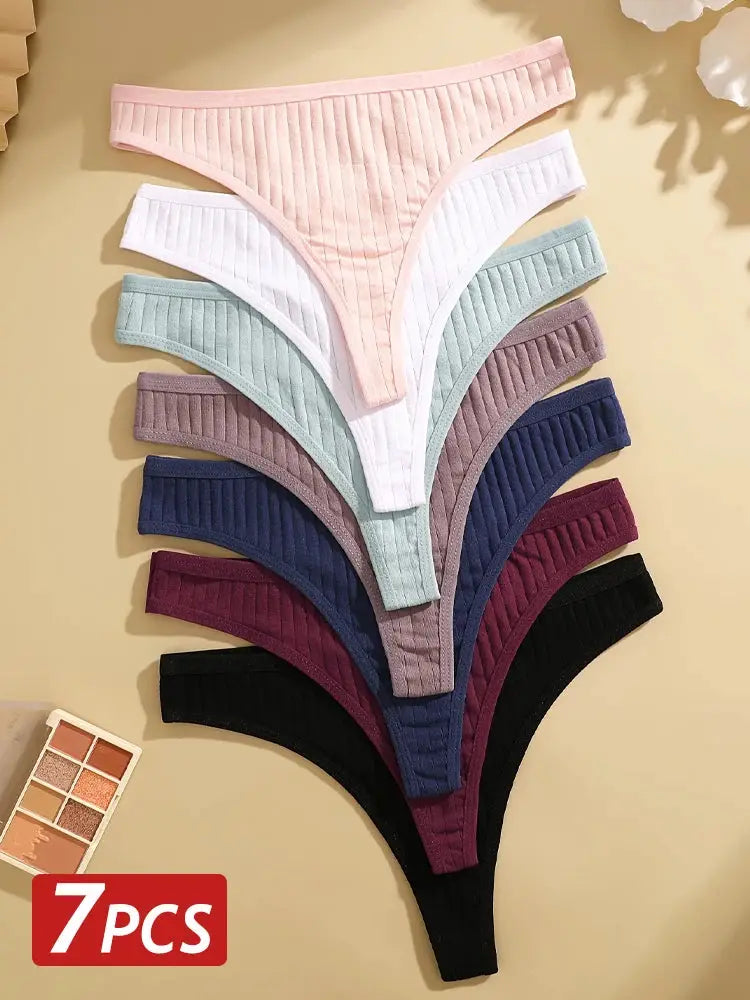 7-pack ribbed cotton G-string panties in assorted colors