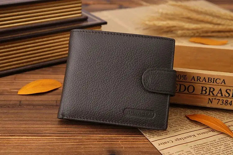 Men's black genuine cowhide leather wallet with snap strap closure