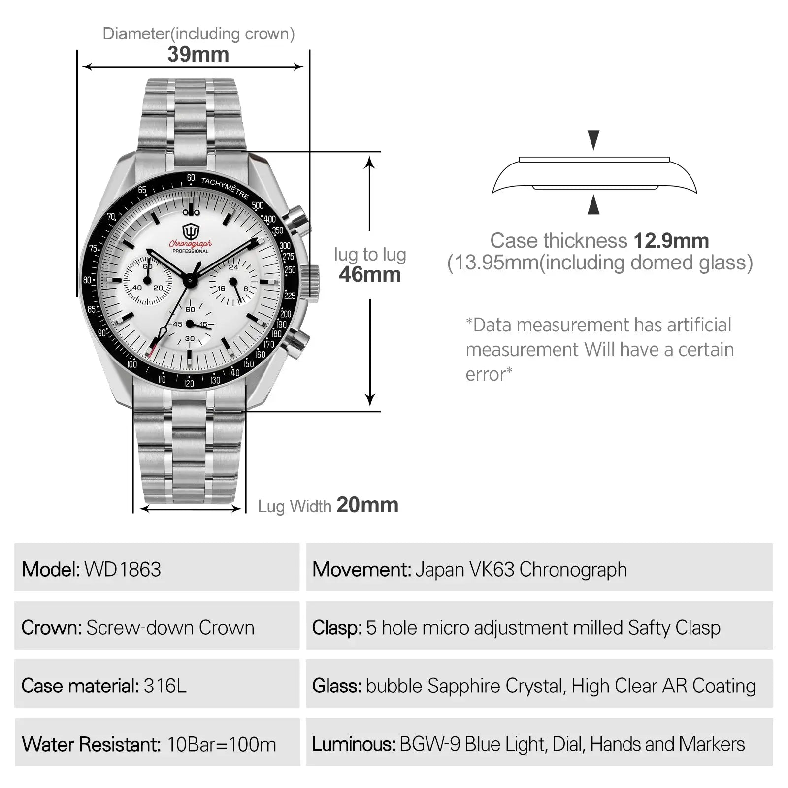 Simples Market WD1863 chronograph watch with stainless steel bracelet, white dial, black tachymeter bezel, VK63 100m WR
