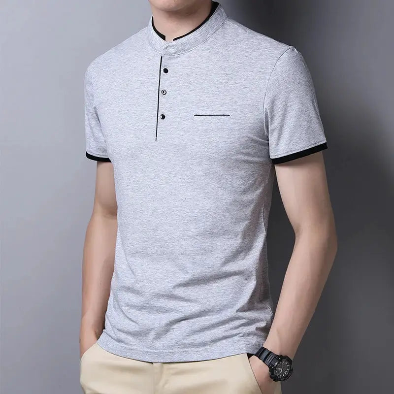 Men's polo T-shirt with stand-up collar in light gray, black cuffs and placket, 3-button