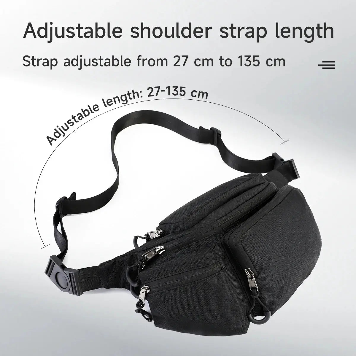 Tigernu black chest bag with multiple zip pockets and adjustable shoulder strap 27-135 cm.