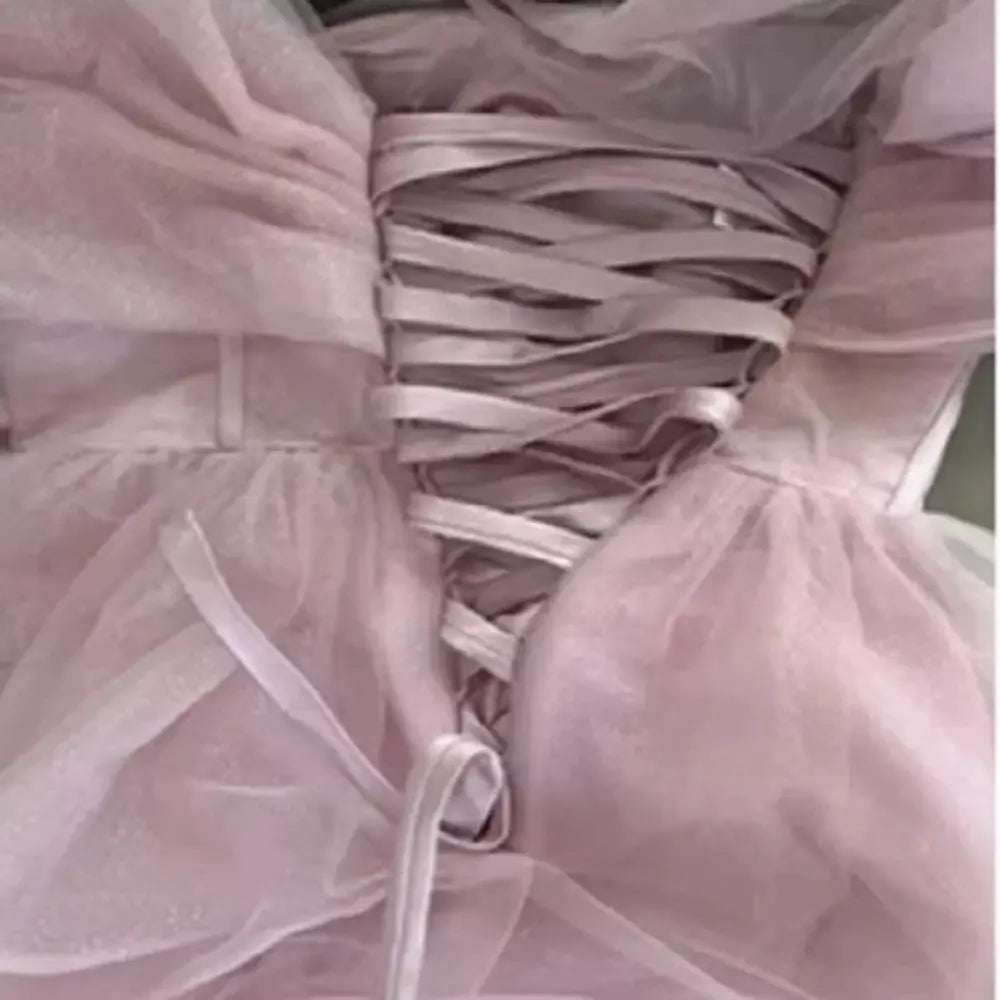 Bafftafe Pink Shiny Tulle Prom Dress Off Shoulder Puff Sleeve Dress