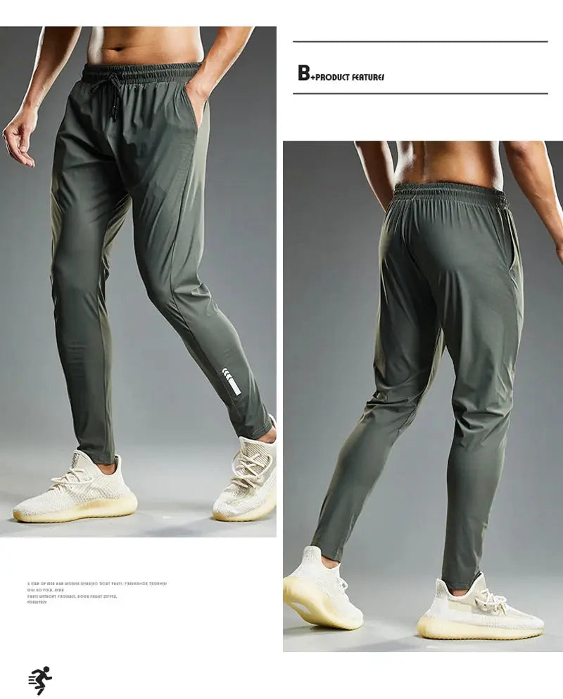 Men's olive green running pants with elastic waistband and jogger cuffs for training and casual wear