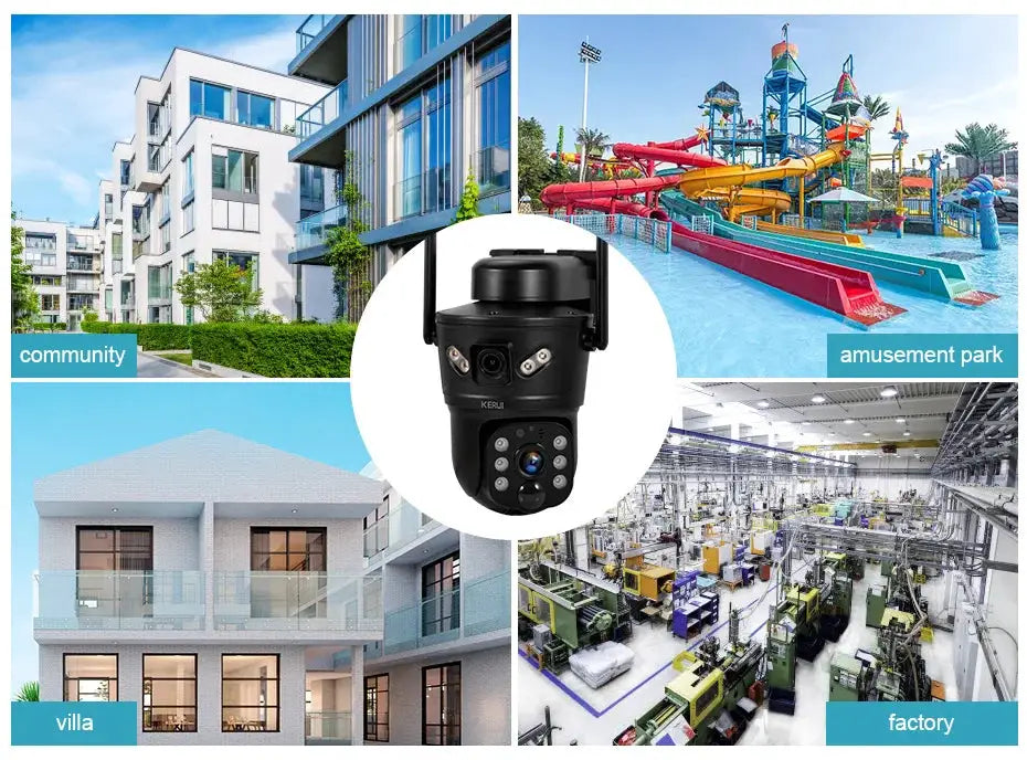 KERUI outdoor waterproof 6MP 4G SIM WIFI solar camera with dual lens; shown in 4 scenes.