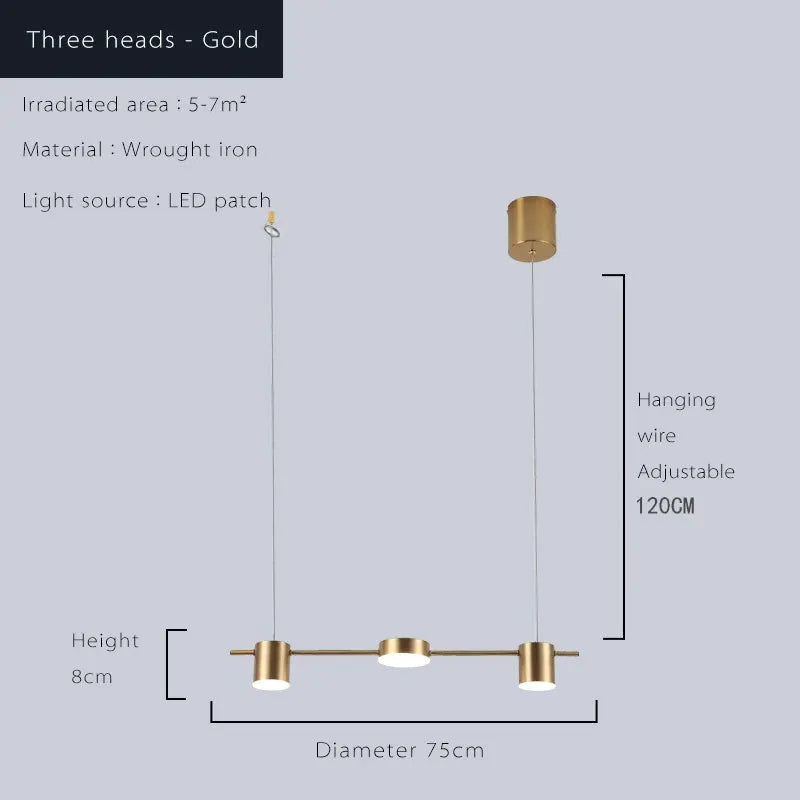 Modern three-head gold LED chandelier by Simples Market, wrought iron, dimmable indoor lighting