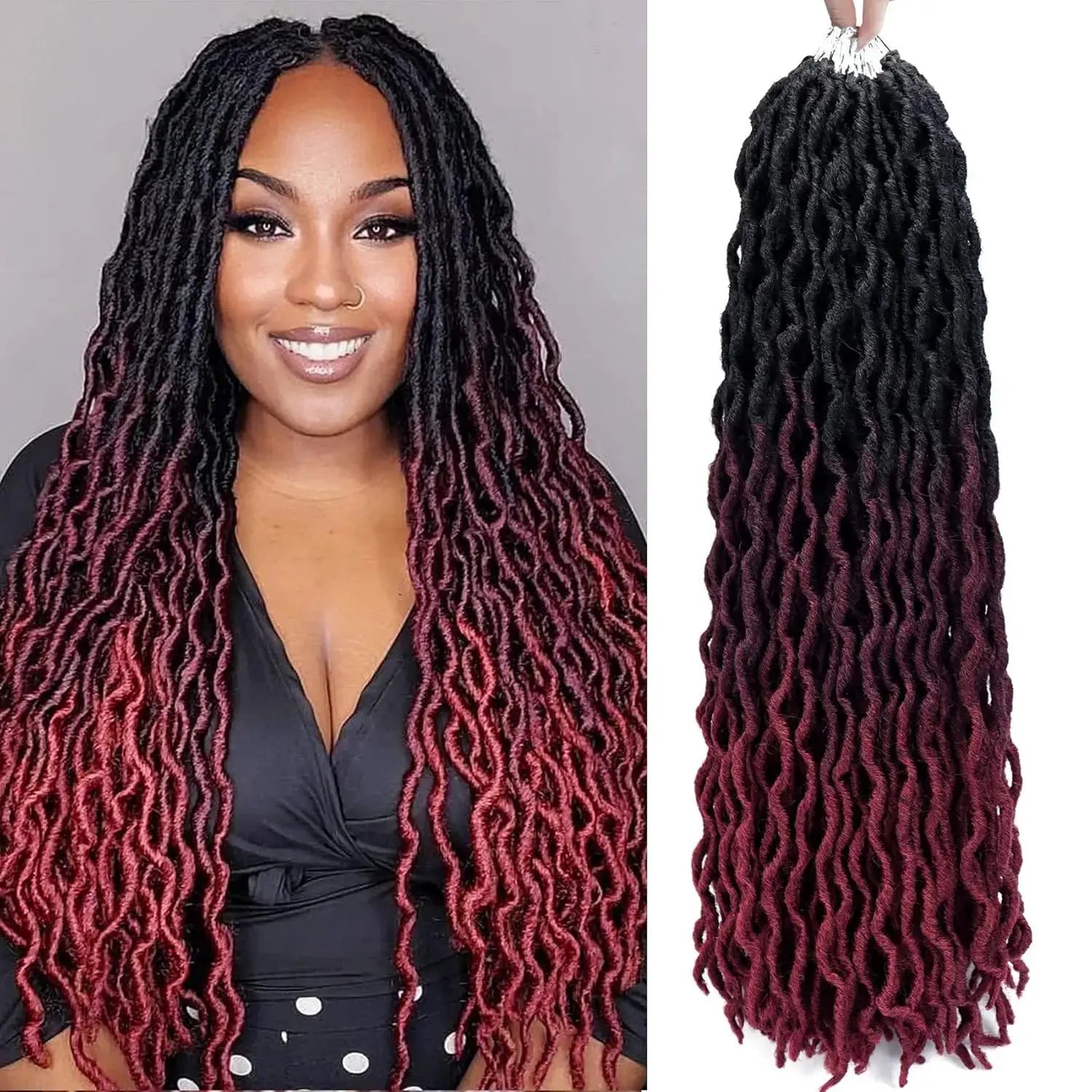 Simples Market goddess faux locs crochet hair, 18/24in, black to burgundy ombre, 6-pack, wavy dreadlocks