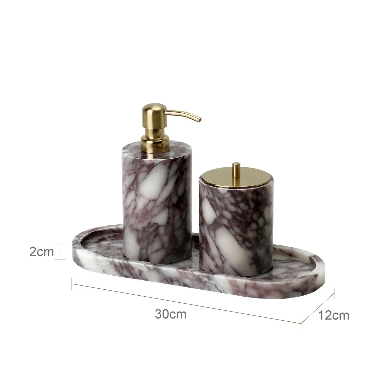 3-piece Calacatta Viola marble bathroom set with gold soap dispenser, cotton swabs jar, and tray by Simples Market