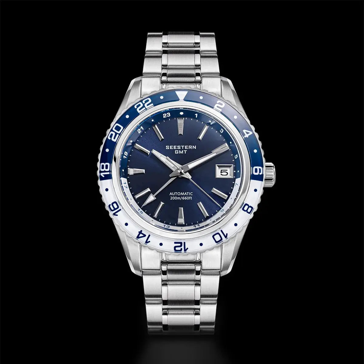 SEESTERN men's GMT automatic wristwatch with blue dial, stainless steel bracelet, sapphire glass, 24h bezel