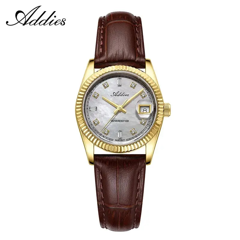 Addies luxury women's watch with gold-tone case, brown leather strap, sapphire glass, date window, diamond markers.