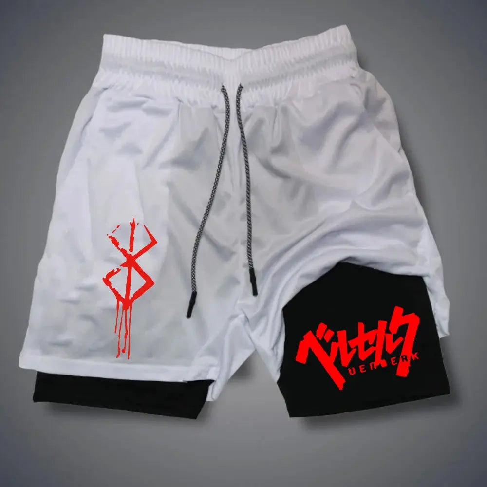 2-in-1 compression shorts for men, white outer with black inner layer, red graphic accents