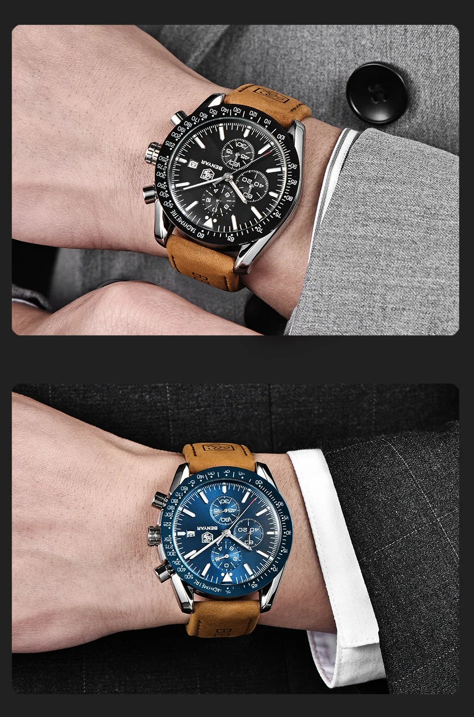 Benyar men's watch set: two timepieces with tan leather straps, black dial and blue dial, stainless steel cases