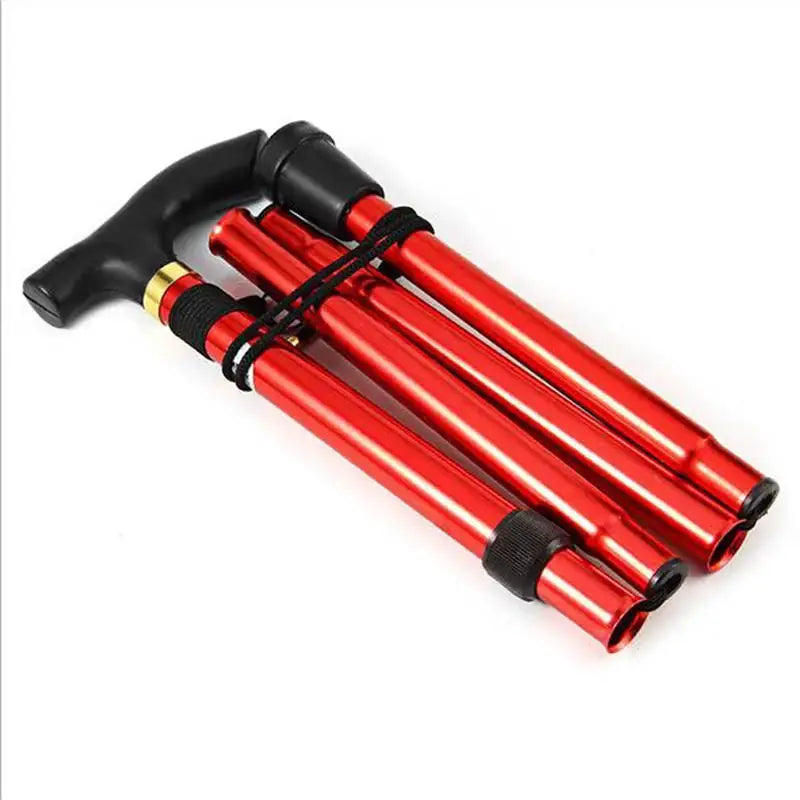 Three telescopic red aluminum hiking trekking poles with black handle, folding design for elderly