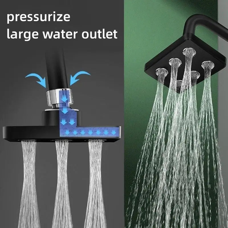 360° mini-surround pressurized shower head with large rainfall spray, black finish