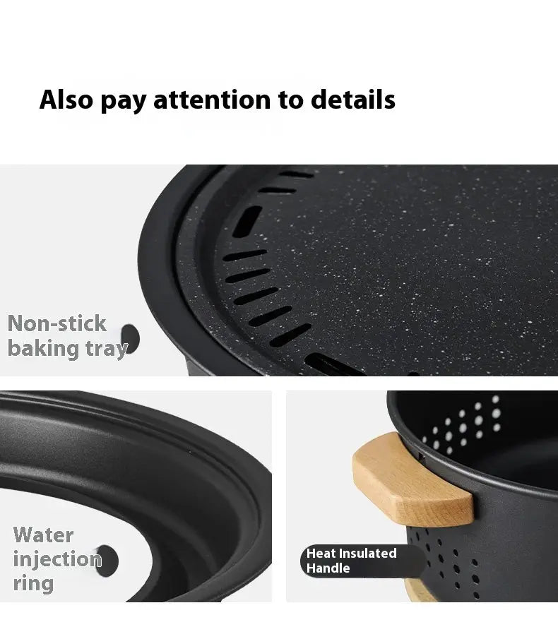 Naturehike tabletop BBQ stove with black charcoal pot, non-stick tray, water injection ring and wooden handle