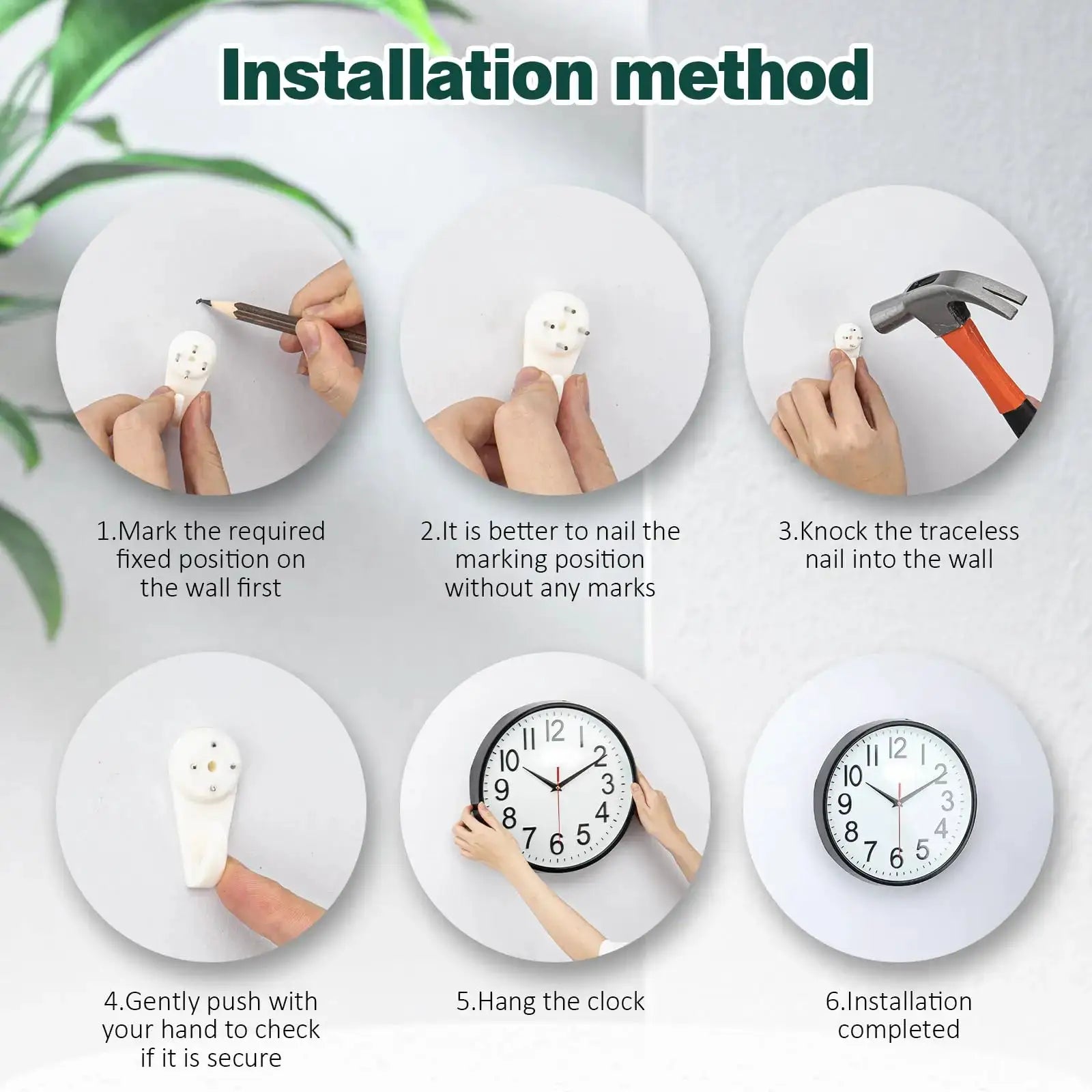White round wall clock six-step installation montage showing marking, nailing, and hanging