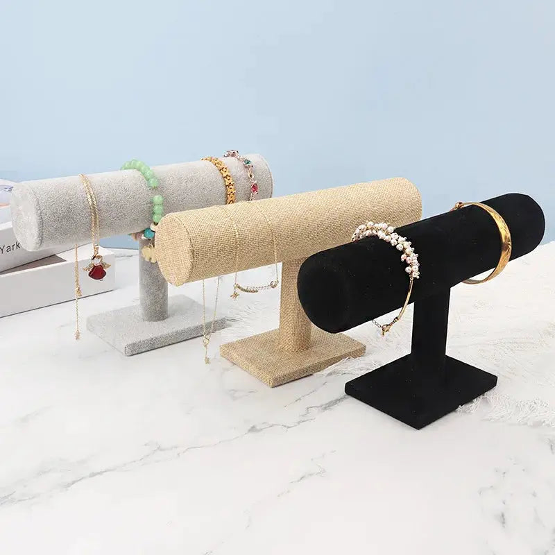 Velvet And Wood Jewelry Display Stand Rack T Bar For Bracelets Watches Necklaces Holder Velvet Interior