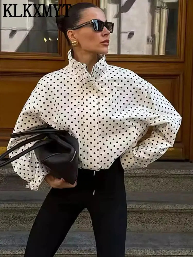 PolkaChic Polka Dot Print Short Coat For Women Elegant Office Ready Long Sleeve Jacket Regular Fit Polyester