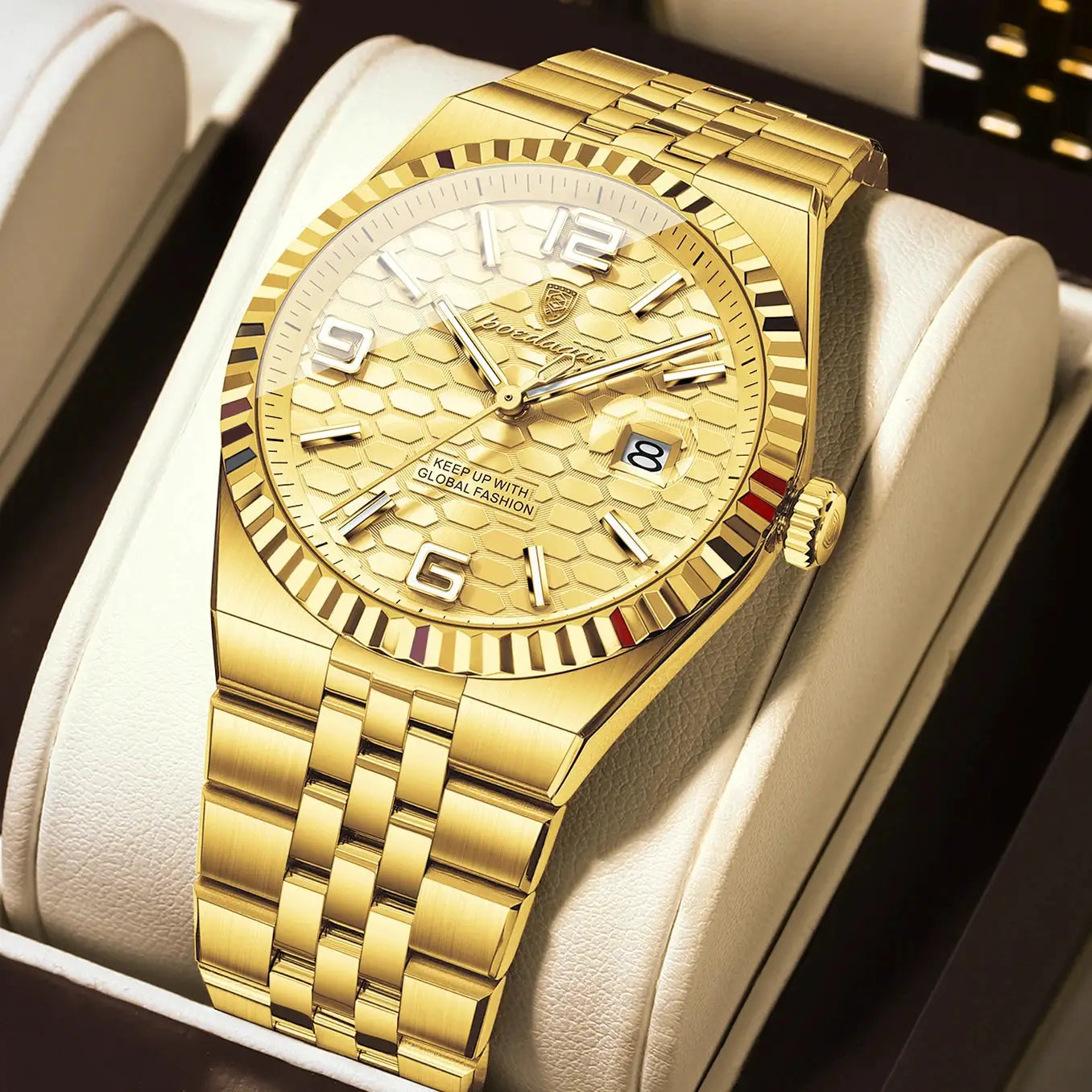 POEDAGAR gold-tone stainless steel men's watch with honeycomb dial, date window, and box