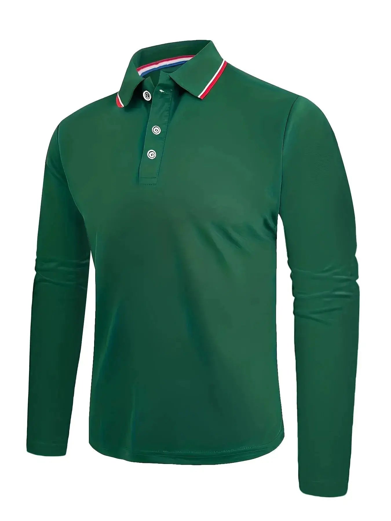 Men's green long-sleeve polo shirt with striped collar, breathable casual business wear