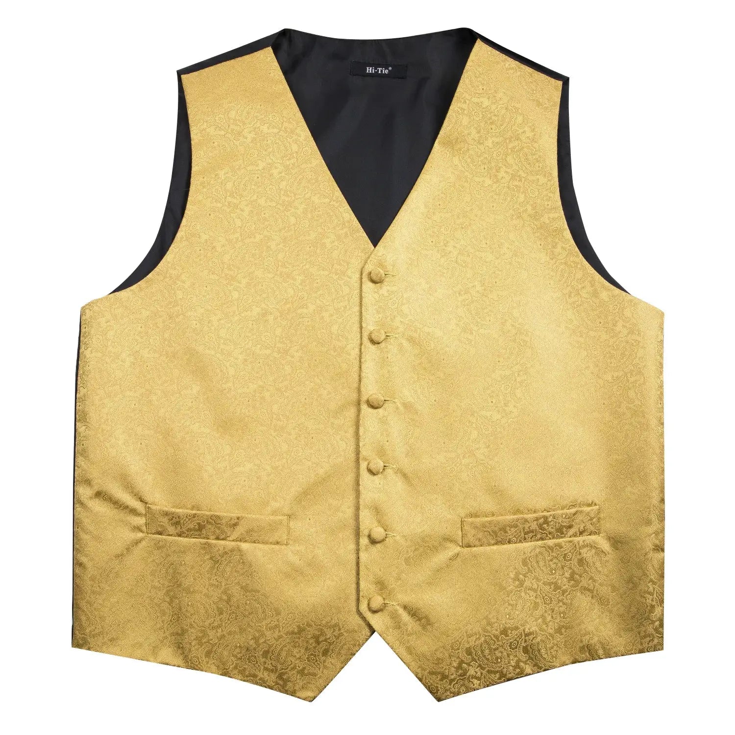 Simples Market gold waistcoat vest with paisley brocade pattern and black lining