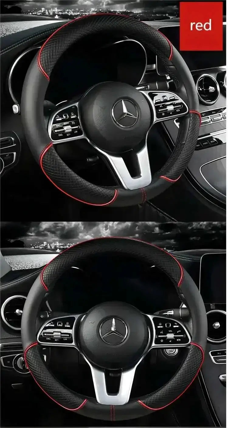 Car steering wheel cover, microfiber leather, 38 cm, red stitching, non-slip; fits Seat Tarraco Arona Ateca Ibiza Mii