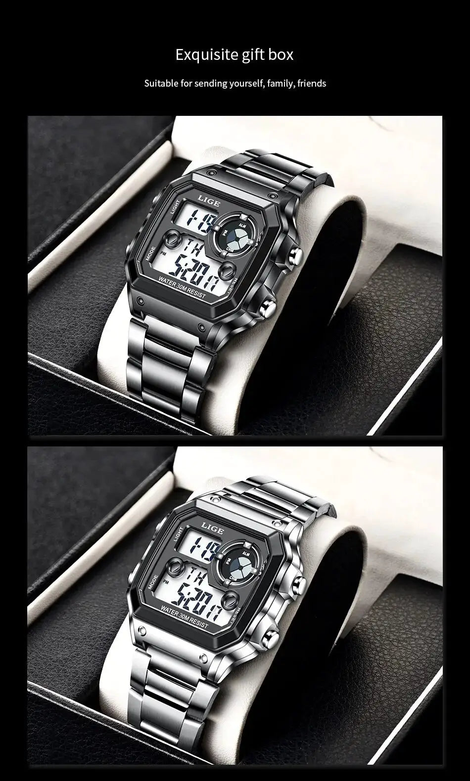 LIGE men's digital sport watch, stainless steel, black, water resistant 30M, 2 views