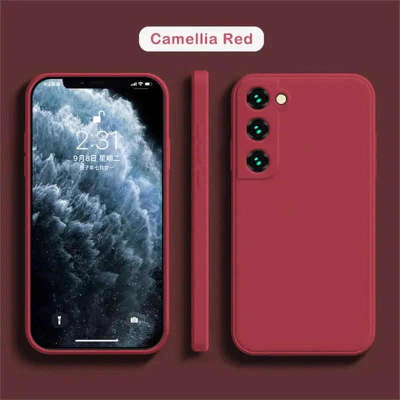 Liquid silicone Samsung Galaxy phone case in Camellia Red; soft-touch protective cover