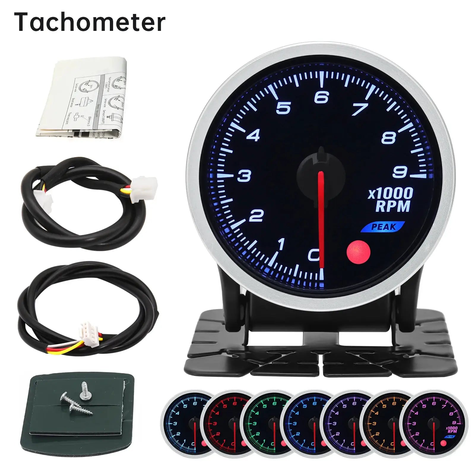 Tachometer gauge Simples Market 12V 52mm with 8-color dial options, blue backlit, wiring harness & mounting kit