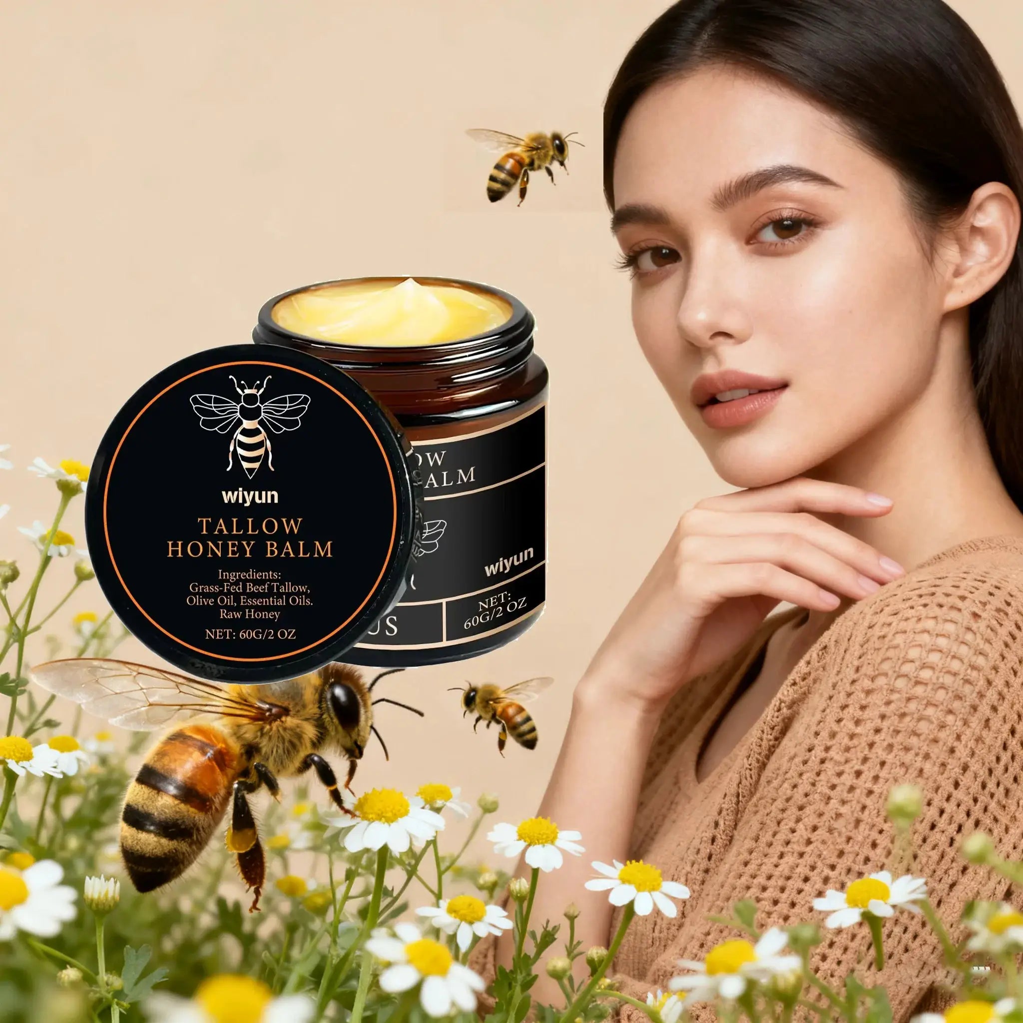 Tallow Honey Balm in a black jar with a bee emblem, Wiyun brand