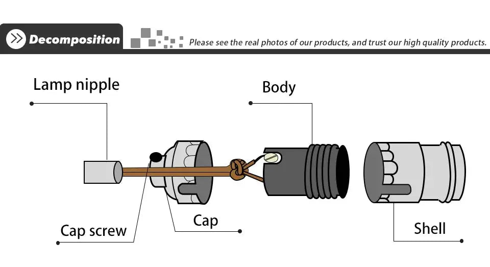 Aluminum pendant light exploded diagram showing lamp nipple, cap, body, and shell components