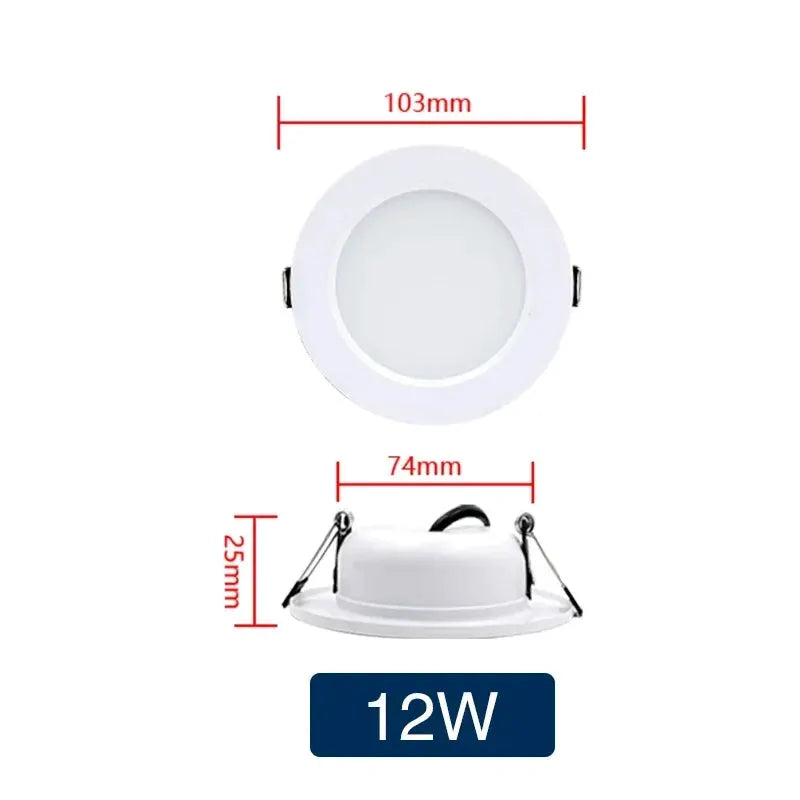 Simples Market LED downlight 12W recessed ceiling panel, white round 103mm diameter.