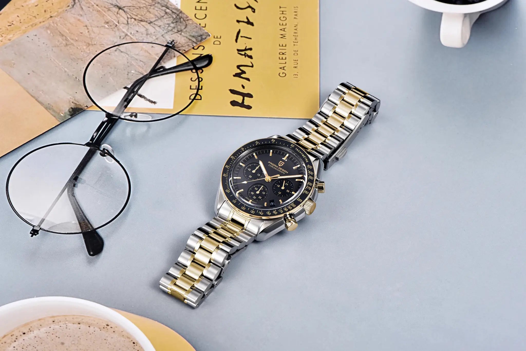PAGANI DESIGN 500 Speedometer chronograph men's watch, two-tone stainless steel bracelet, black dial