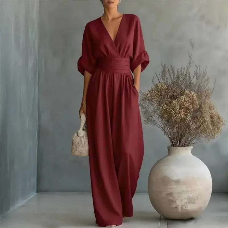 Waist V-neck Jumpsuit, wine-red solid color, mid-sleeve, wide-leg with waist belt