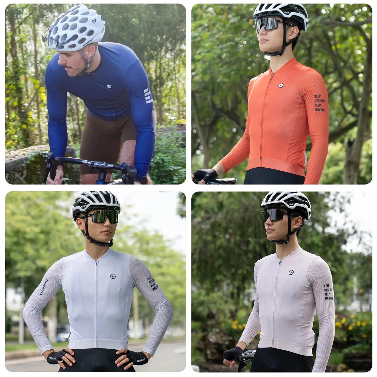 DAREVIE cycling jersey, long-sleeve SPF50+ breathable; 4 jerseys shown in blue, orange and white by Simples Market.