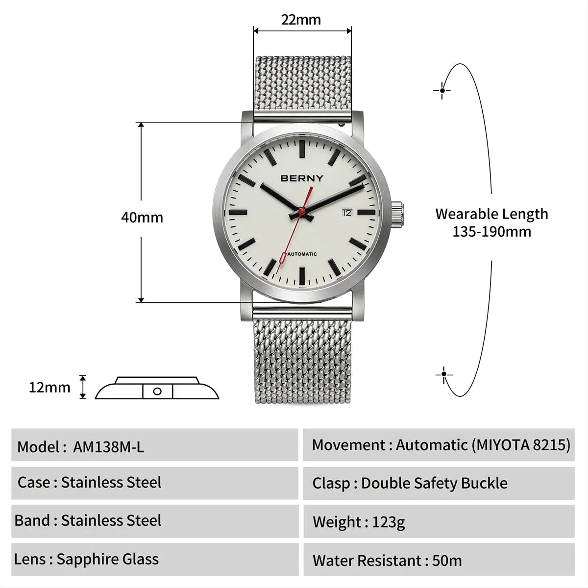 BERNY automatic men's watch with 316L stainless steel mesh band and white dial.