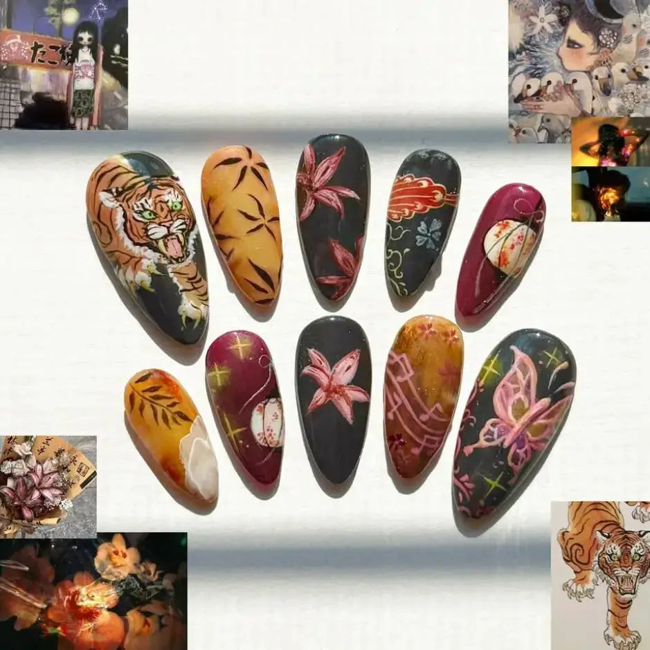 Spicy Girl Flower Print Press On Nails 24Pcs Wine Red Blush Almond Wearable Reusable False Nail Tips For Summer