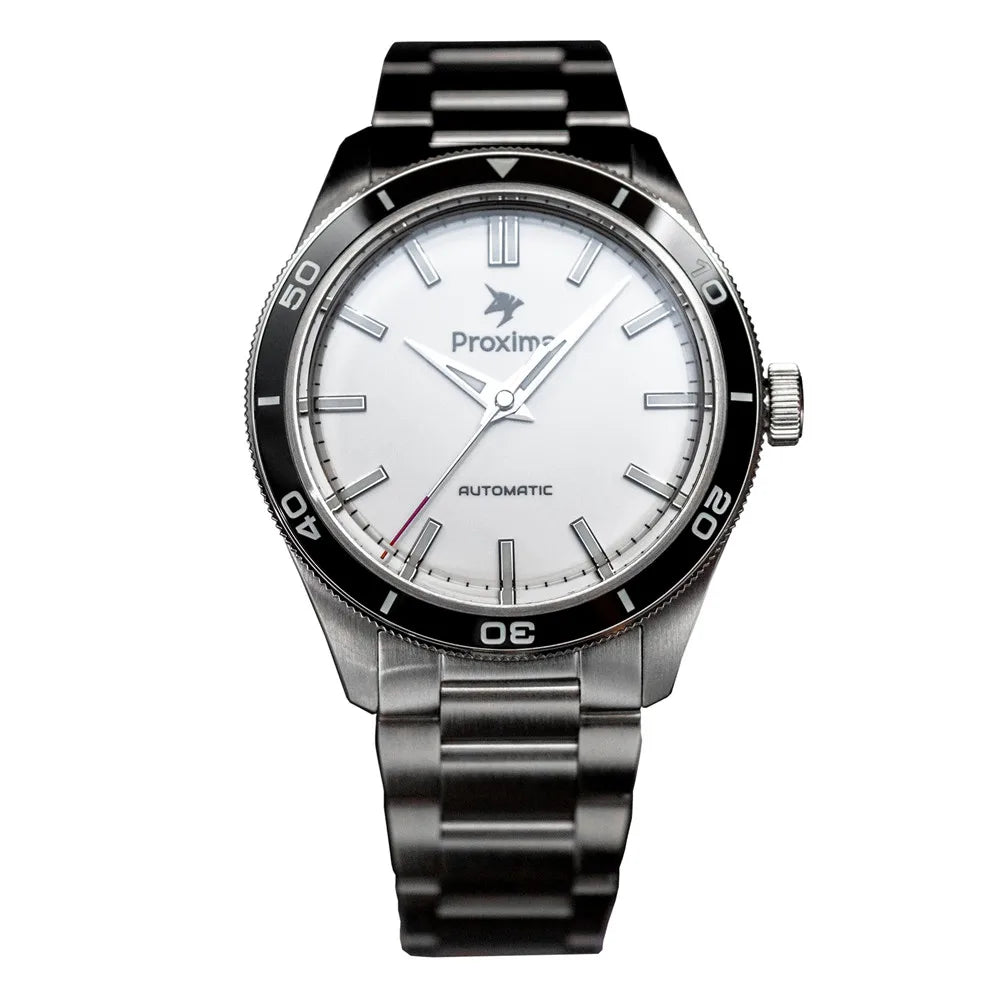 Proxima PX1697 39mm men's watch, stainless steel bracelet, white enamel dial, black bezel, automatic